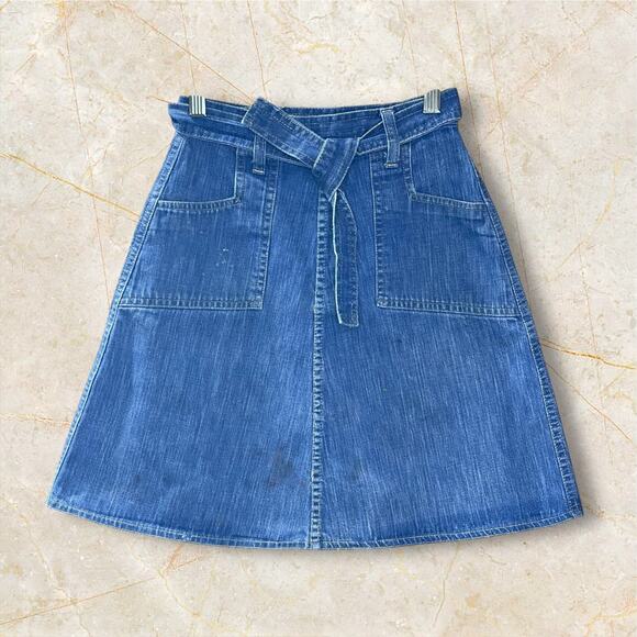 Vintage 1970s Denim Wrap Skirt | High Waisted A-Line | Belted | XS / Juniors 0–1 - Picture 1 of 10